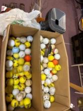 box of golf balls, Titleist , range balls, etc. wiffle training golf balls coin and coin counter