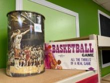 1970s basketball metal trash can and vintage basketball game