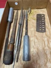 Antique tools, scrapers plumb bob drill, gauge LS STARETTU