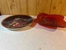 Holiday Harvest Plate/ Red Glass Home Decor Bowl