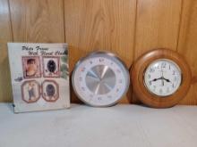 5 x 7 Photo Frame with Clock, Siver and White Retro Wall Clock, and Wood Grain Ingraham Wall Clock