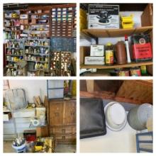 Garage Area Contents Lot - Hardware, Paint, Starrett Decimal Chart, Stain, Tools,