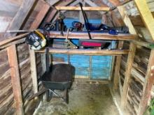 Shed contents lot - String Trimmers, hand tools, Wheelbarrow