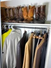 Closet contents lot - Cowboy Boots Size 11, leather jacket etc