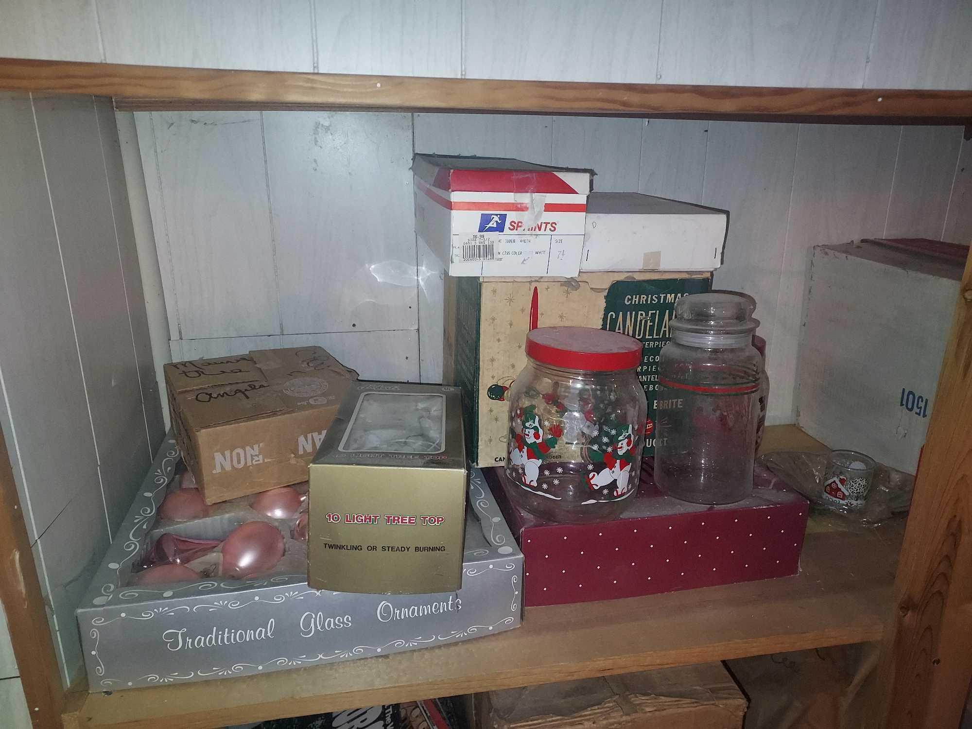 Contents of Basement Shelving - Jars, Decor, Appliances, Ironing Board, Extension Cords, Lights, &