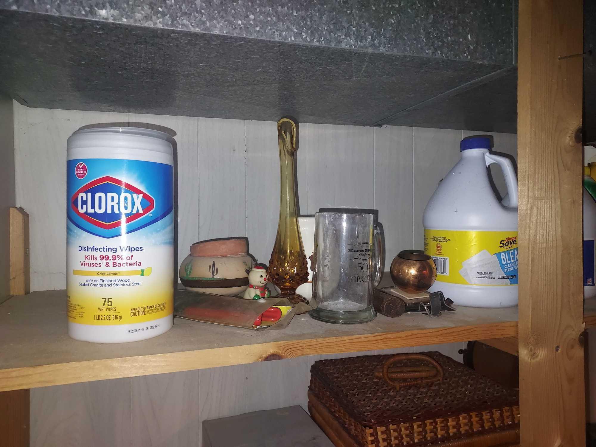 Contents of Basement Shelving - Jars, Decor, Appliances, Ironing Board, Extension Cords, Lights, &