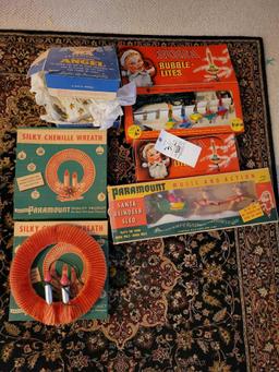 Early Christmas Items in Boxes, Bubble Lites. Paramount Santa Reindeer, Silky Wreaths