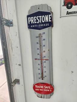 Vintage porcelain enamel Prestone anti-freeze advertising sign with thermometer