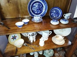 Contents of Bookcase Doll China Set, Blue Willow, Oil Lamp, Milk Glass