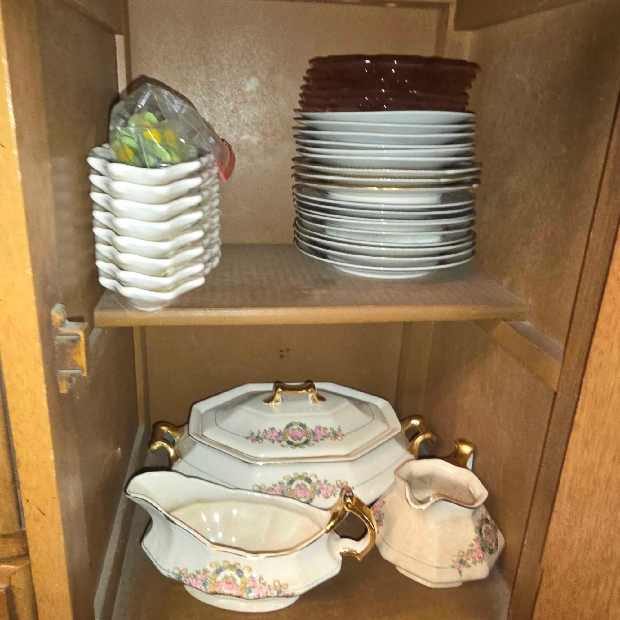 Contents of Hutch - Fashion Manor China Set & Assorted Glassware
