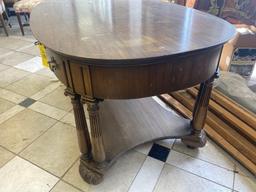 Early Round Top Carved Wood Table with Drawers
