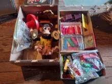 Assortment of Vintage Small Plastic Vehicles, Cymbal Monkey, Duck Toy, & more