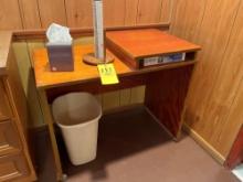 small wooden desk with paper towel holder