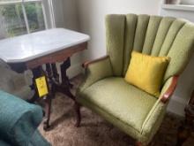 Victorian style marble side table and green vintage chair