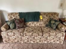 Franklin flower patterned sofa, (3) pillows as well and blanket