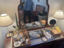 costume jewelry, (2) matching lamps, women?s wrist watches, glassware, crystal necklace, mirror,