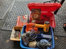 Assorted power tools, grinder, heat gun, palm sander, wire wheels