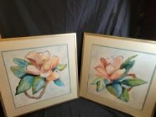 Pair of modern Caso Lynch framed floral watercolors