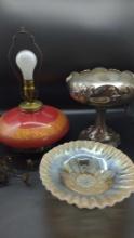 Carnival Glass Bowl Dugan ? Lamp and 1950's Compote