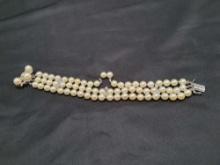 Genuine Triple Strand Pearl Bracelet with 14k White Gold links and Diamond clasp
