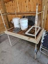 2 metal base tables, warming stones, picture frames