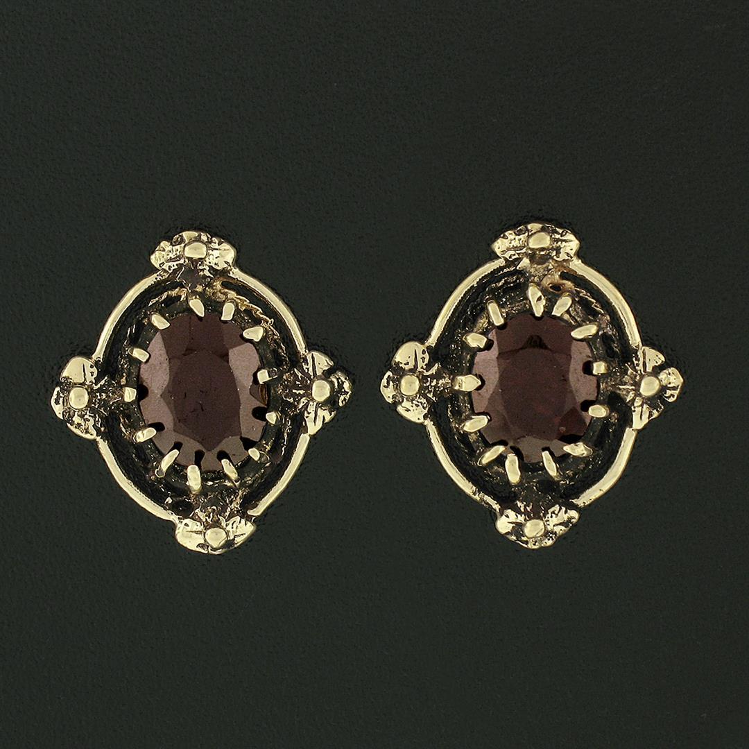 Vintage 14k Yellow Gold 3.20 ctw Oval Garnet Flower Open Work Frame Stud Earring