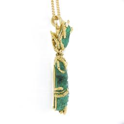 Vintage 18k Gold GIA Carved Emerald & Diamond Textured Dangle Pendant Necklace