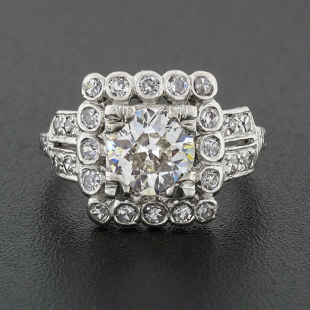 Antique Art Deco Platinum 1.74 ctw Euro Diamond Solitaire & Halo Engagement Ring