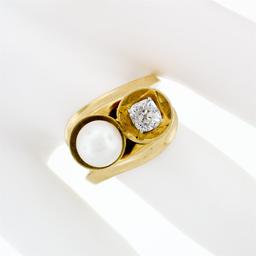 Antique 14k Gold 7.2mm Pearl .58 ctw Old Mine Cushion Diamond Bypass Cocktail Ri