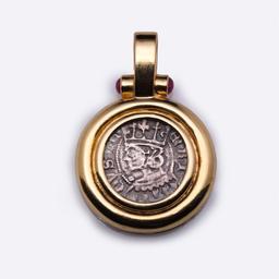 18K Yellow Gold Pendant with Rubies & Ancient Silver Armenian Coin