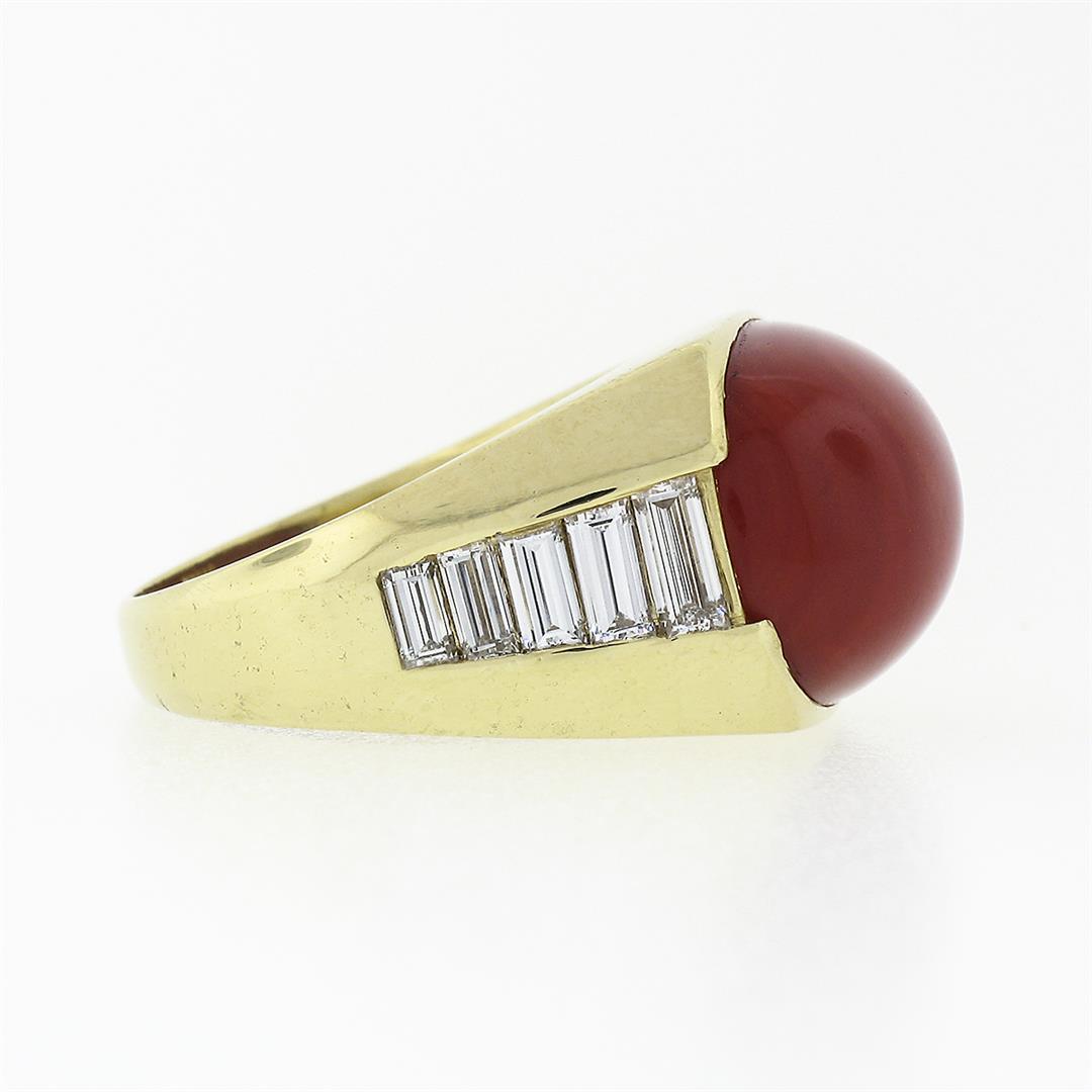 Vintage 18K Yellow Gold FINE GIA Cabochon Orangy Red Coral Baguette Diamond Ring