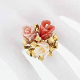 Vintage 14K Yellow Gold Carved Coral Rose Flower Bouquet Ribbon Cocktail Ring