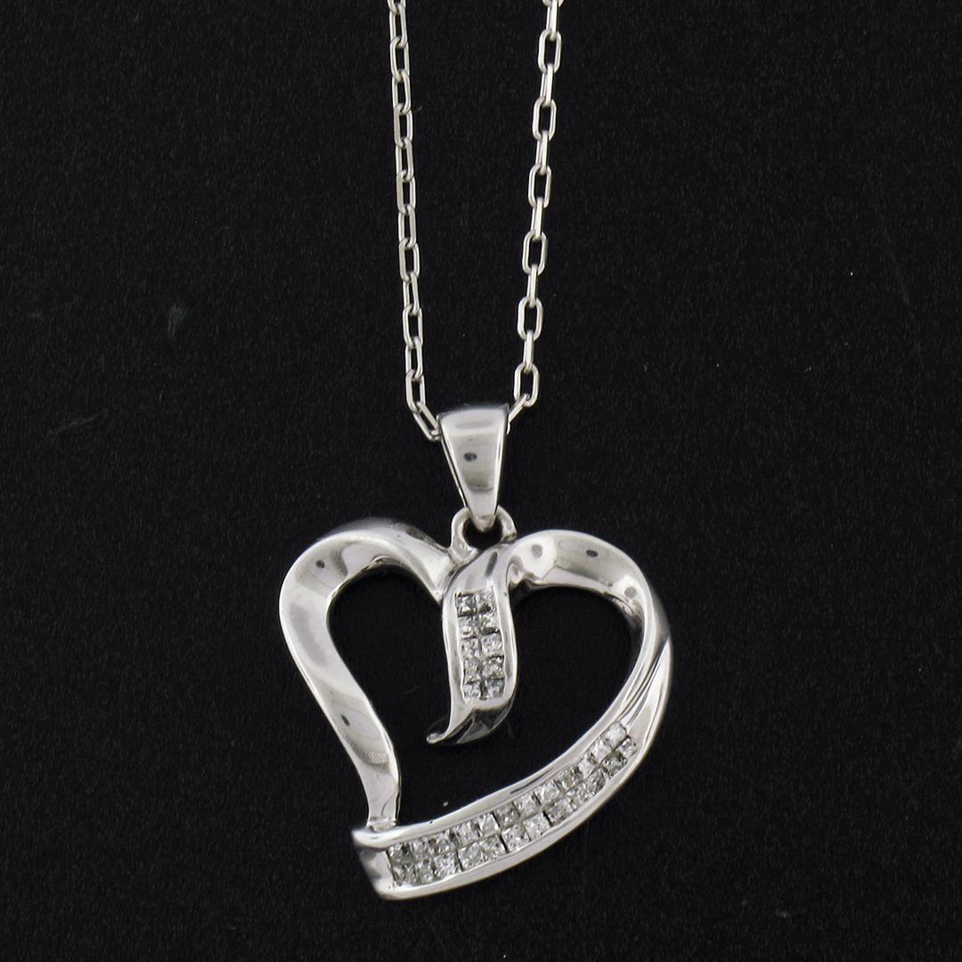 10k White Gold 0.25 ctw Dual Channel Princess Cut Diamond Open Heart Pendant Nec