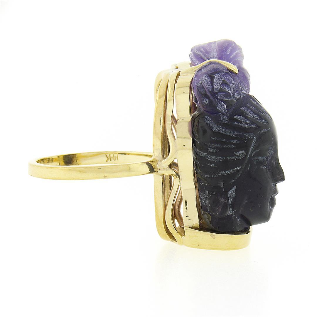Vintage 14k Gold Carved Amethyst 3D Lady Face Head Cameo Ring Open Work Setting