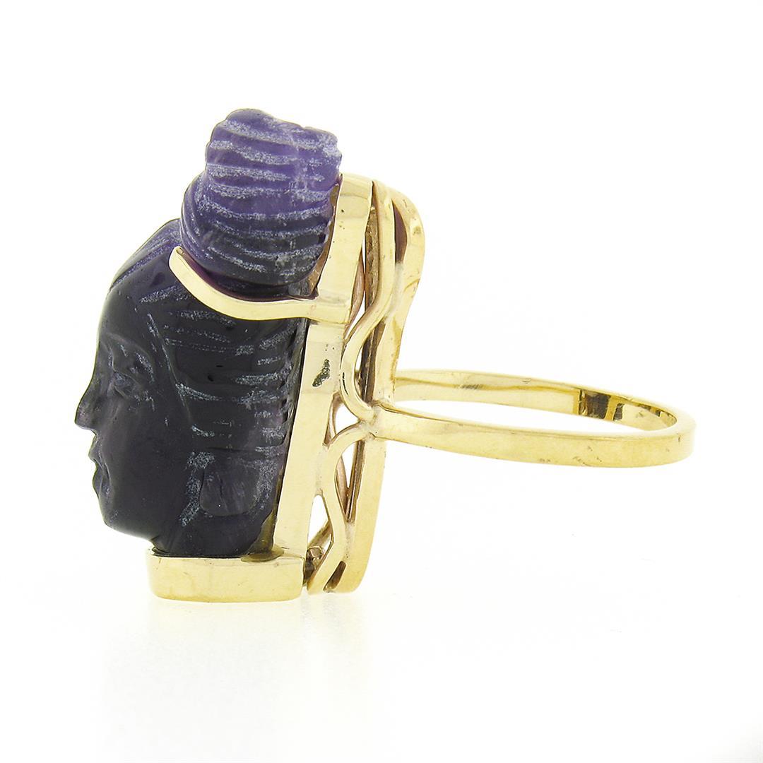 Vintage 14k Gold Carved Amethyst 3D Lady Face Head Cameo Ring Open Work Setting