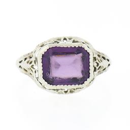 Antique Art Deco 10K Gold Bezel Amethyst Solitaire w/ Open Filigree Petite Ring