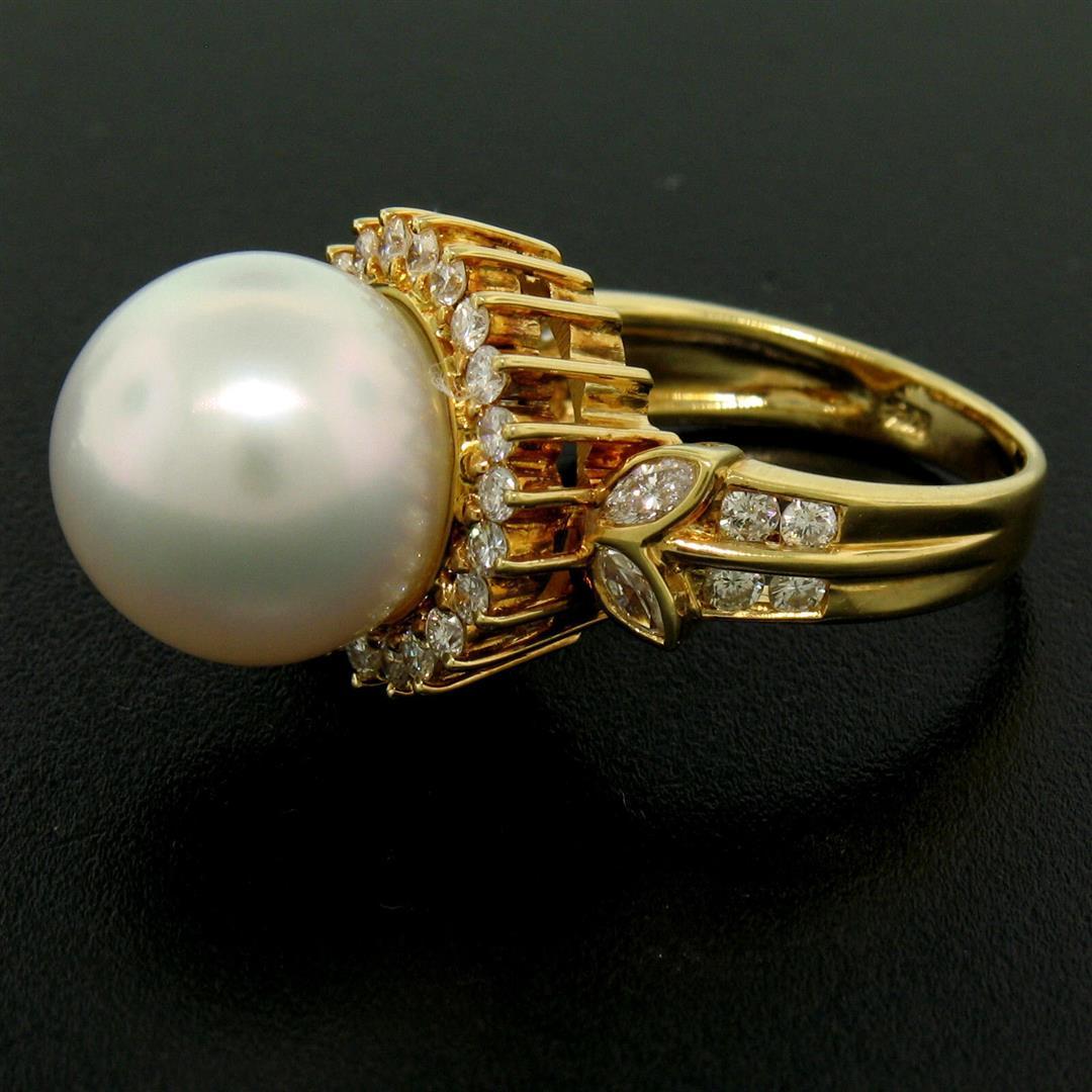 18K Yellow Gold LARGE 13.3mm South Sea Pearl Ring w/ Marquise & Round Diamonds