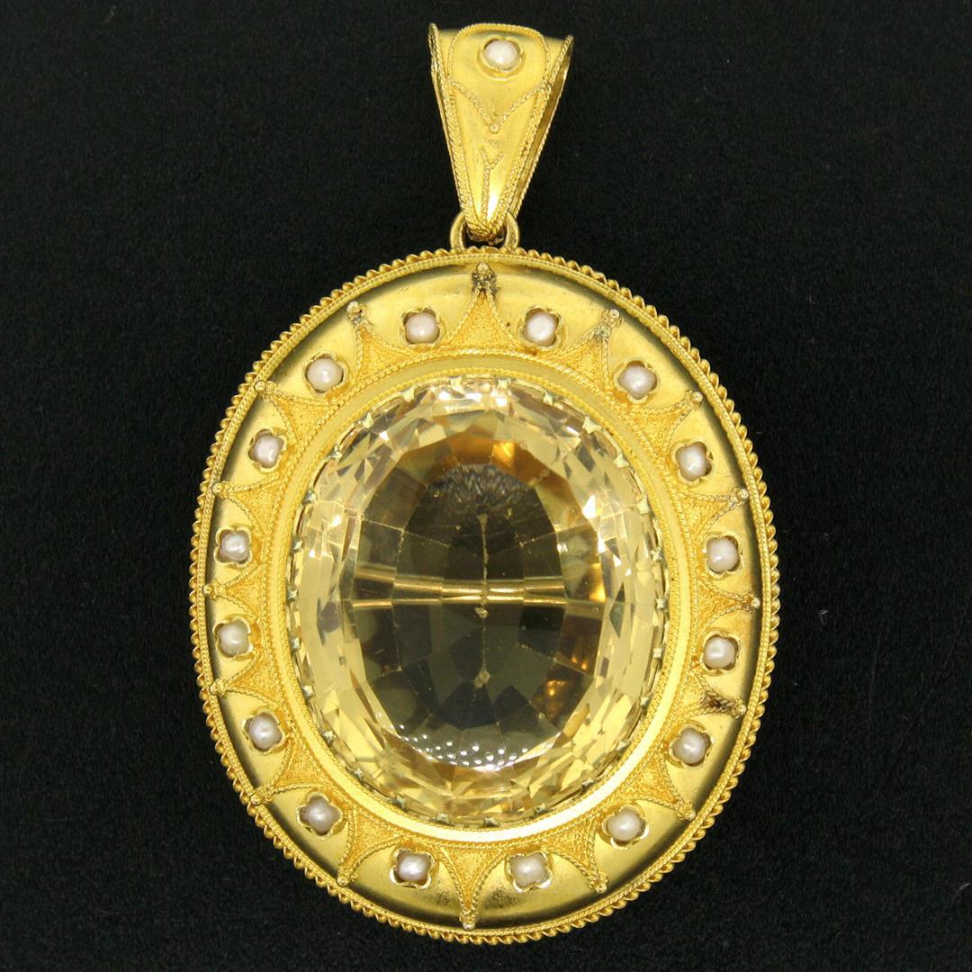 Antique Etruscan 14k Yellow Gold 49 ctw Natural Citrine & Pearl Brooch Pin Penda