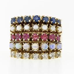 Vintage 14k Gold Round Ruby Sapphire Diamond Opal Pearl 5 Band Harem Stack Ring