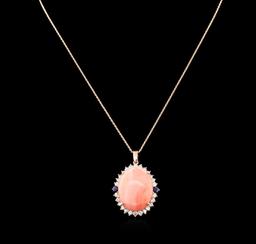 32.06 ctw Pink Coral, Sapphire, and Diamond Pendant With Chain - 14KT Rose Gold