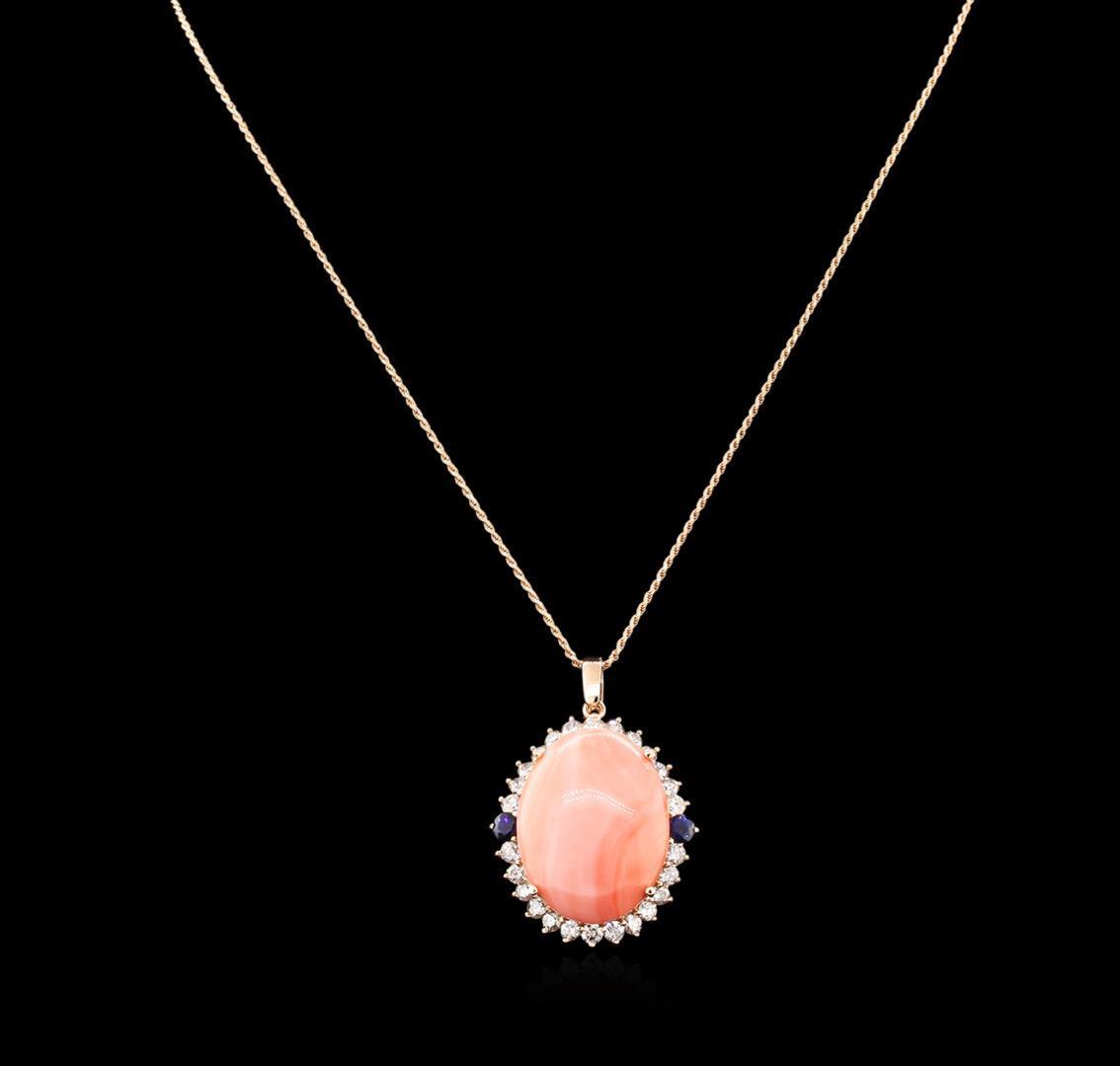 32.06 ctw Pink Coral, Sapphire, and Diamond Pendant With Chain - 14KT Rose Gold