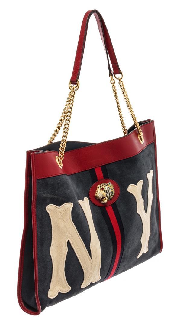 Gucci Navy Red Suede Leather Large NY Yankees Rajah Chain Tote Bag