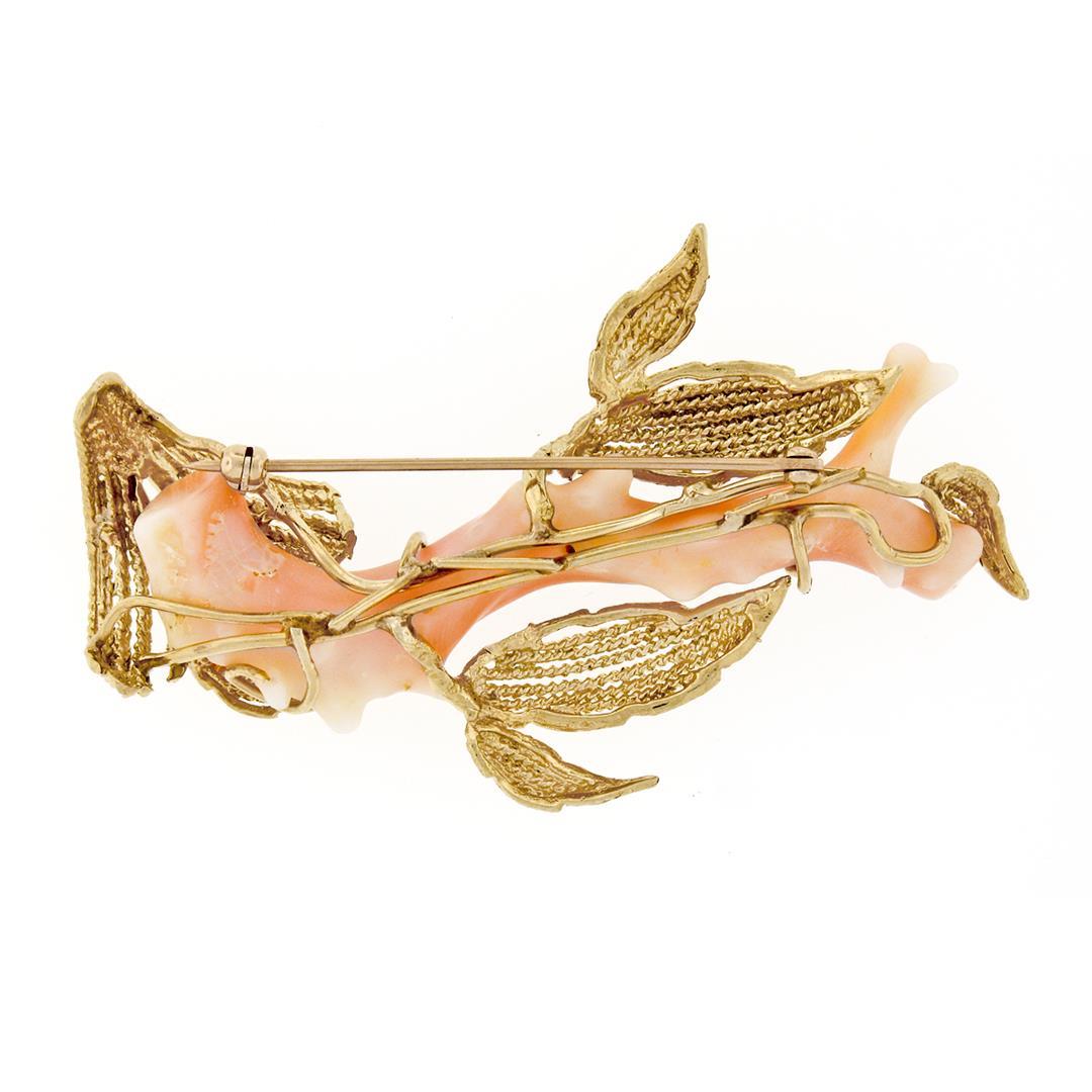 Vintage 14k Yellow Gold Large Natural Angel Skin Coral Branch & Leaf Brooch