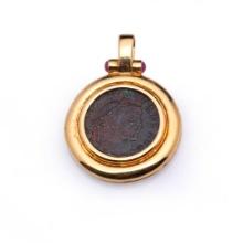 Heavy 18K Yellow Gold Pendant With Rubies & Imperial Roman Copper Coin