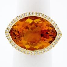 Estate 18K Gold Large Wide Citrine Diamond Halo Almond Eye Shaped Cocktail Ring