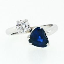 NEW 18K White Gold 2.71 ctw GIA Heart Blue Sapphire Diamond Moi et Toi Bypass Ri