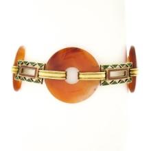 Antique 6.5" 14k Yellow Gold Orange Agate Orange & Green Enamel Link Bracelet