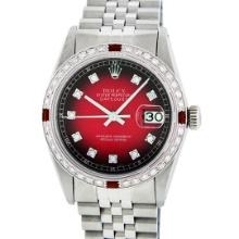 Rolex Mens Stainless Steel Red Vignette Diamond And Ruby Datejust Wristwatch 36M