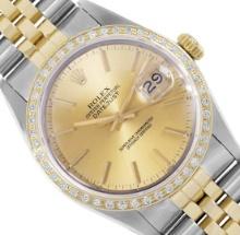 Rolex Mens Two Tone Champagne Index Dial 18K Yellow Gold Diamond Bezel Datejust