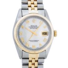 Rolex Mens Two Tone Yellow Gold And Stainless Steel White Roman Datejust Wristwa